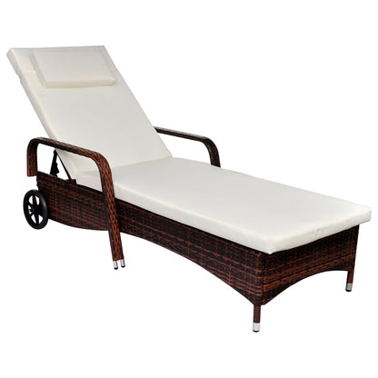 Sun Lounger with Cushion & Wheels Poly Rattan Brown - 79×57cm