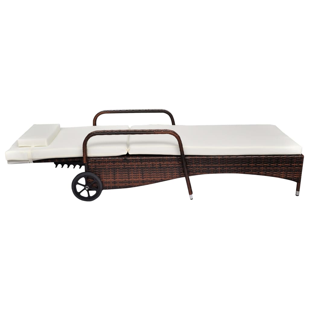 Sun Lounger with Cushion & Wheels Poly Rattan Brown - 79×57cm