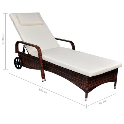 Sun Lounger with Cushion & Wheels Poly Rattan Brown - 79×57cm