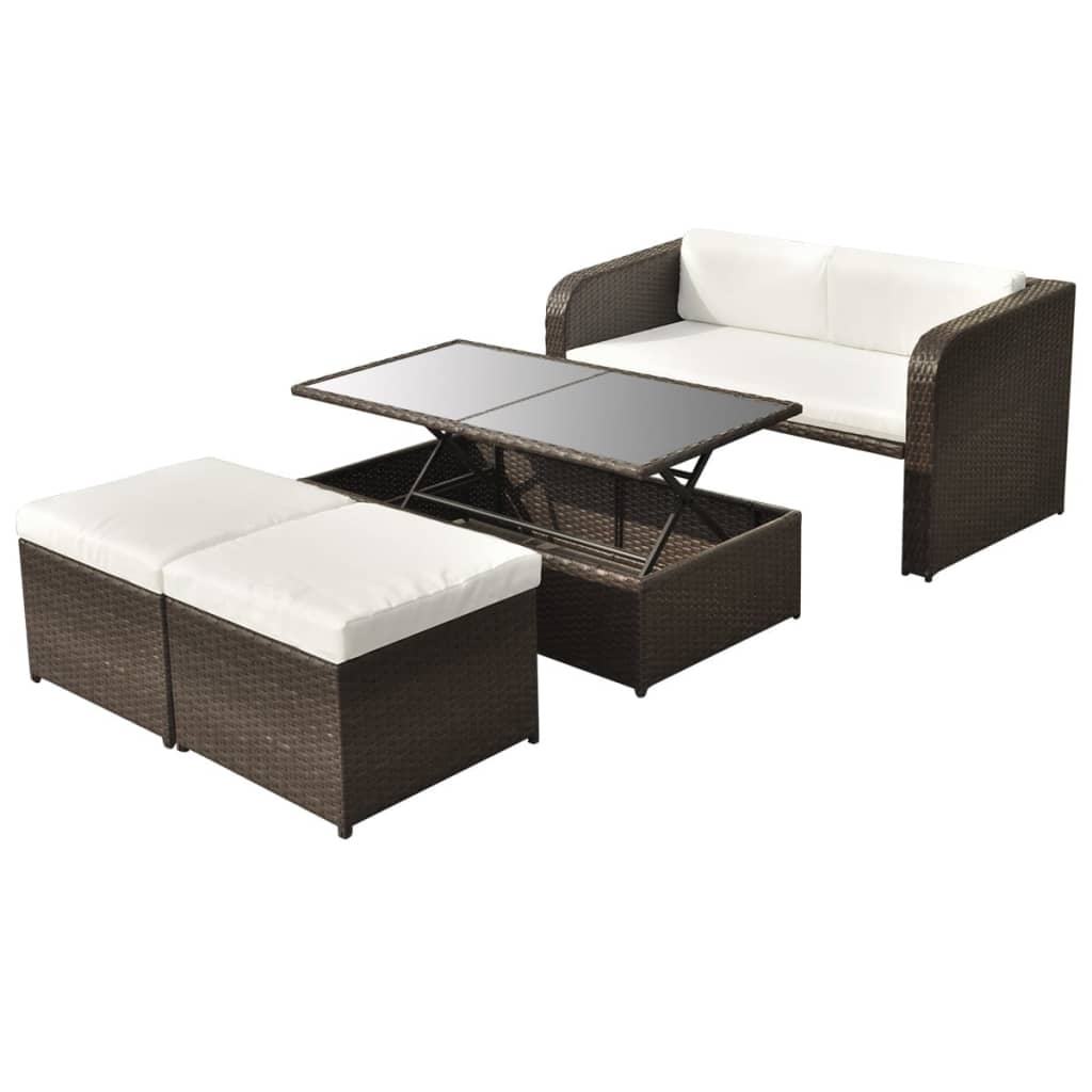 4 Piece Garden Lounge Set with Cushions Poly Rattan Brown - 125×69×63cm