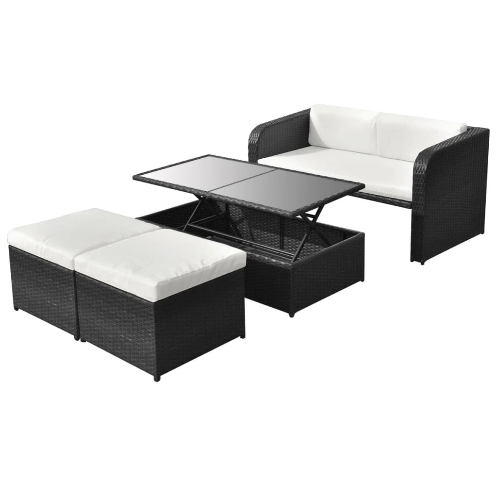 4 Piece Garden Lounge Set with Cushions Poly Rattan Black - 125×69×63cm