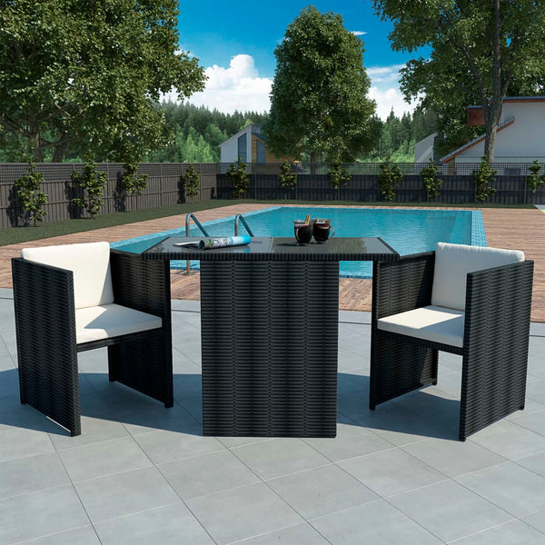  3 Piece Bistro Set with Cushions Poly Rattan Black