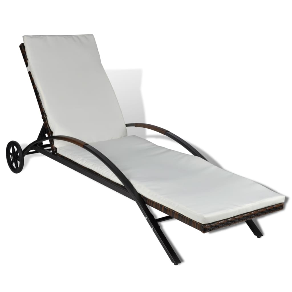 Sun Lounger with Cushion & Wheels Poly Rattan Brown - 200×65×39cm