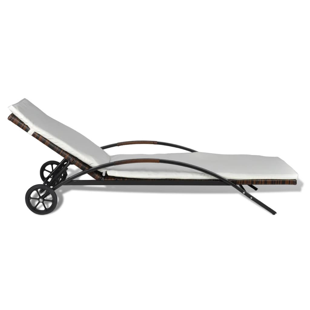 Sun Lounger with Cushion & Wheels Poly Rattan Brown - 200×65×39cm