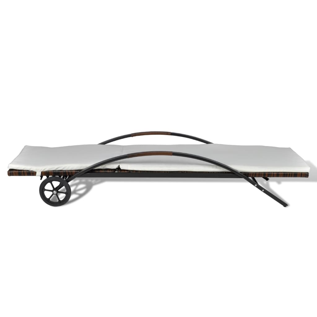 Sun Lounger with Cushion & Wheels Poly Rattan Brown - 200×65×39cm