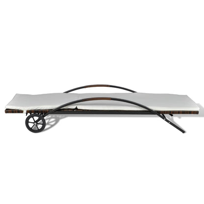 Sun Lounger with Cushion & Wheels Poly Rattan Brown - 200×65×39cm