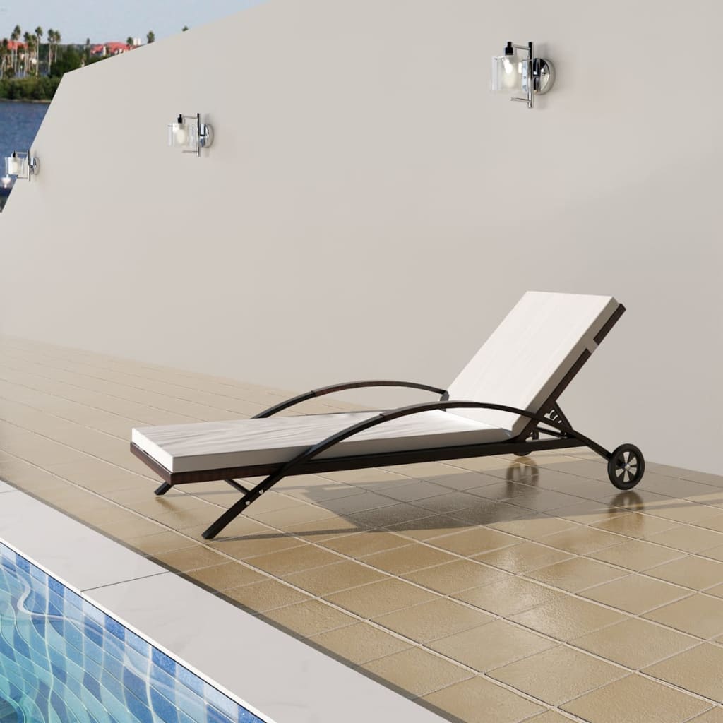 Sun Lounger with Cushion & Wheels Poly Rattan Brown - 200×65×39cm