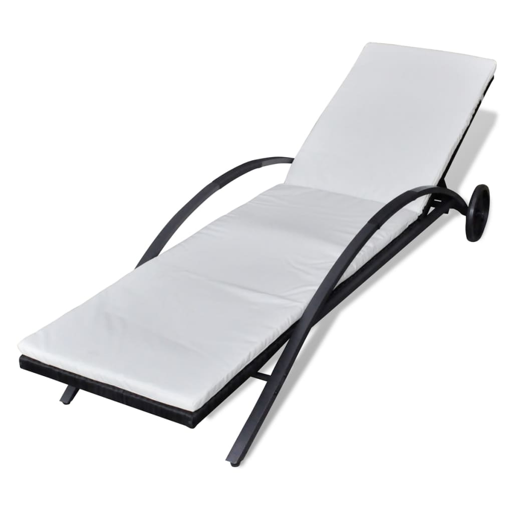 Sun Lounger with Cushion & Wheels Poly Rattan Black - 200×65×39cm