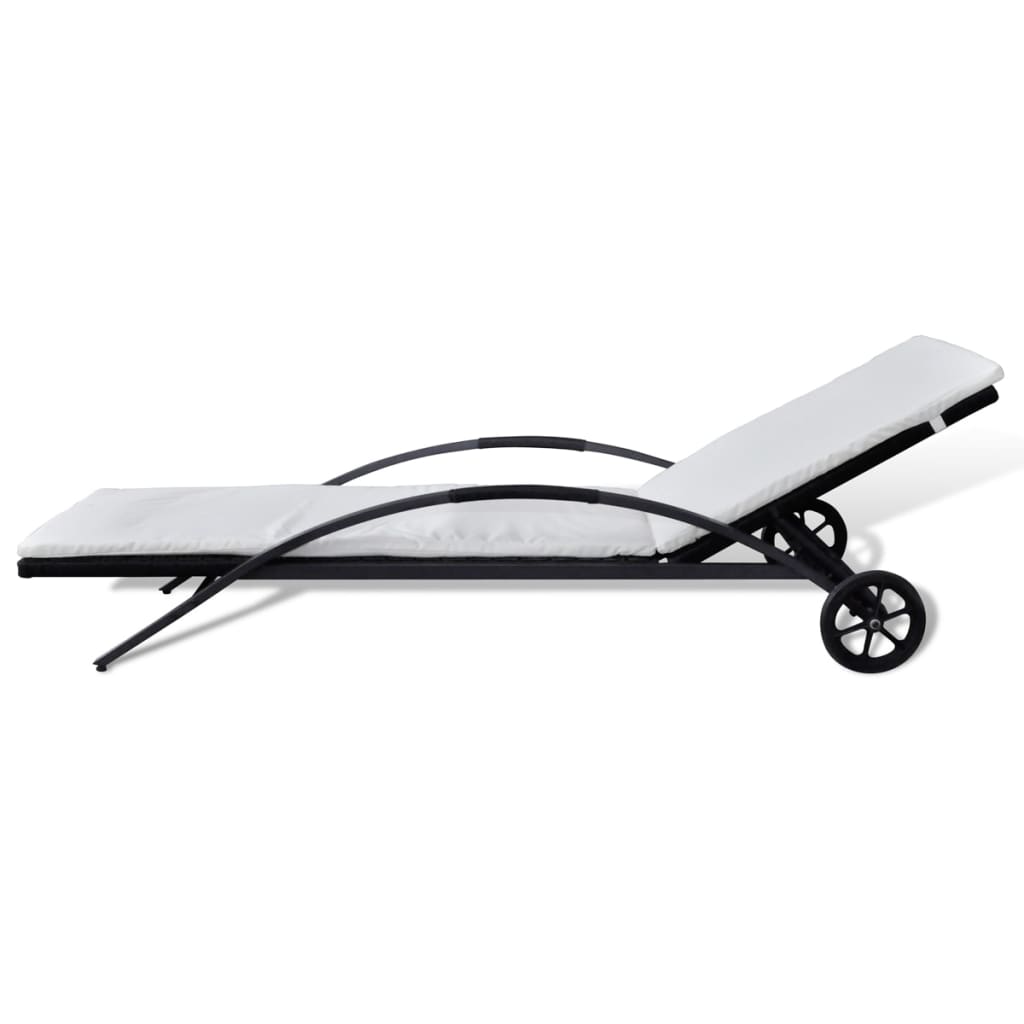 Sun Lounger with Cushion & Wheels Poly Rattan Black - 200×65×39cm