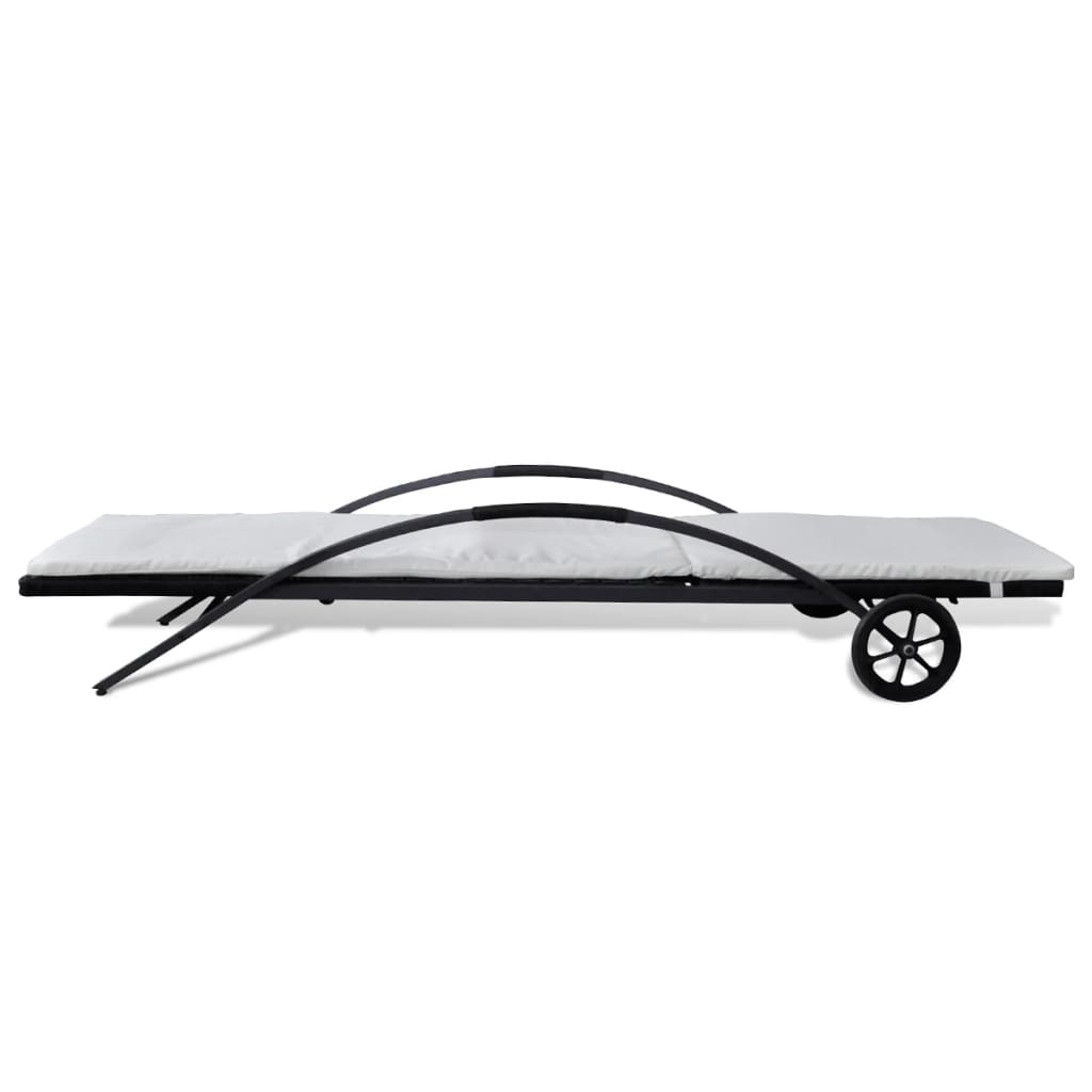 Sun Lounger with Cushion & Wheels Poly Rattan Black - 200×65×39cm