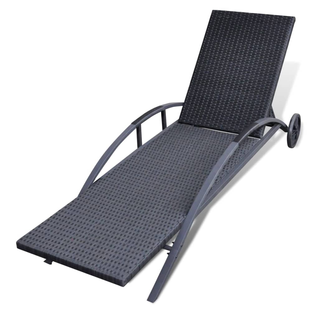 Sun Lounger with Cushion & Wheels Poly Rattan Black - 200×65×39cm