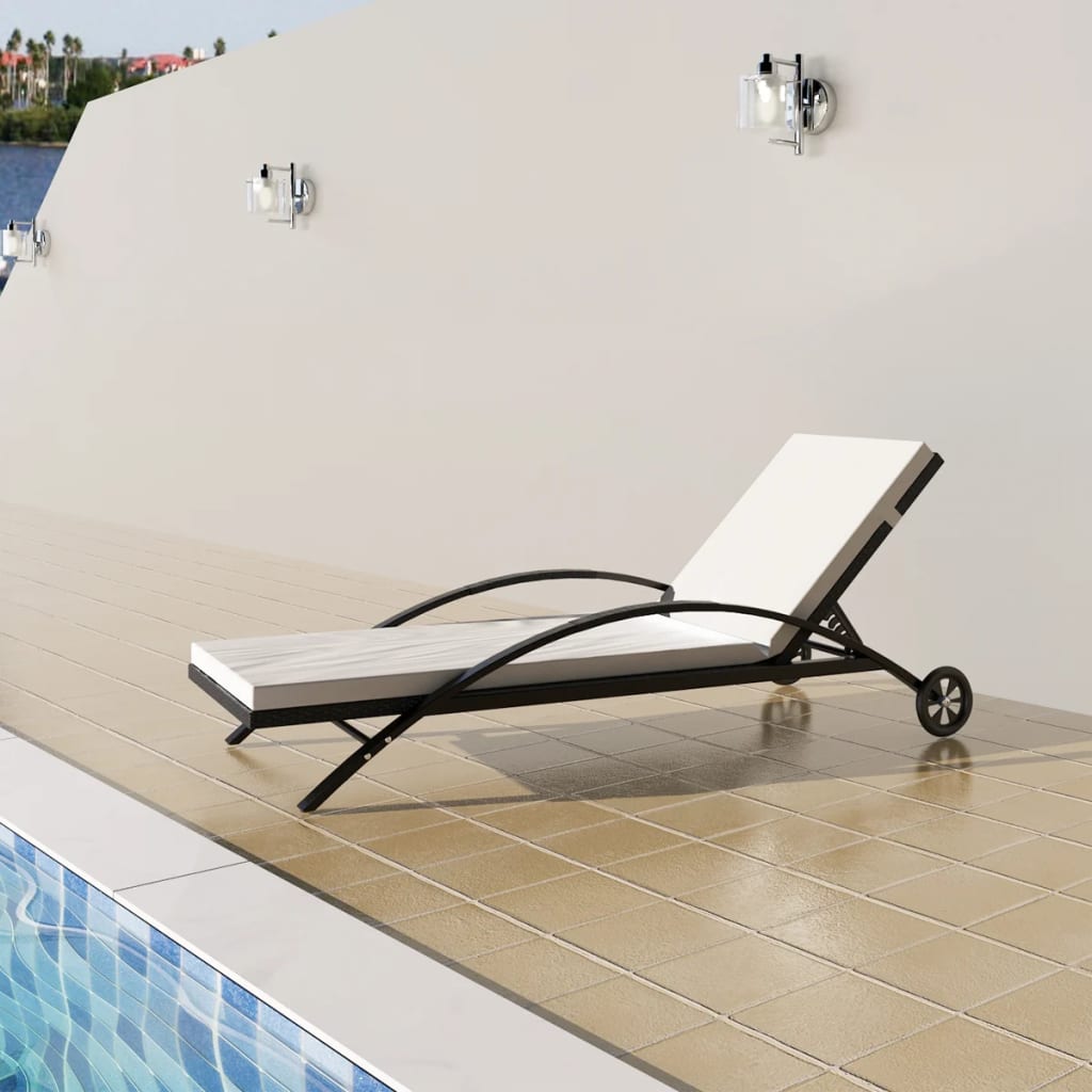 Sun Lounger with Cushion & Wheels Poly Rattan Black - 200×65×39cm