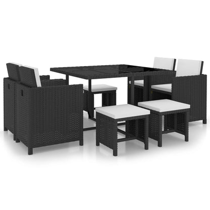 9 Piece Outdoor Dining Set with Cushions Poly Rattan Black - 52×56×85cm