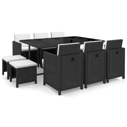 11 Piece Outdoor Dining Set with Cushions Poly Rattan Black - 52×56×85cm