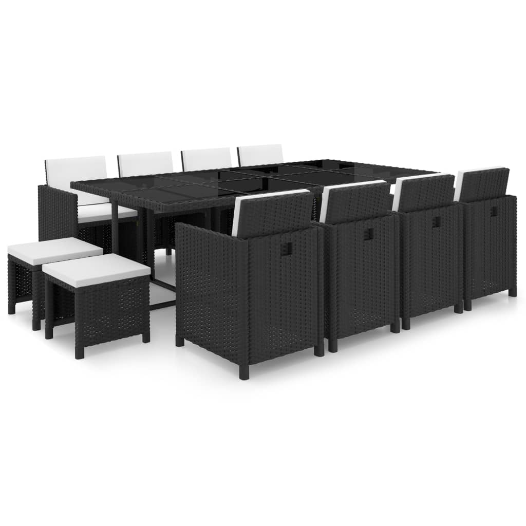 13 Piece Outdoor Dining Set with Cushions Poly Rattan Black - 52×56×85cm