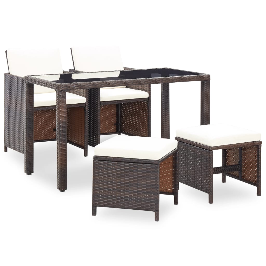 5 Piece Outdoor Dining Set with Cushions Poly Rattan Brown - 123×60×74cm