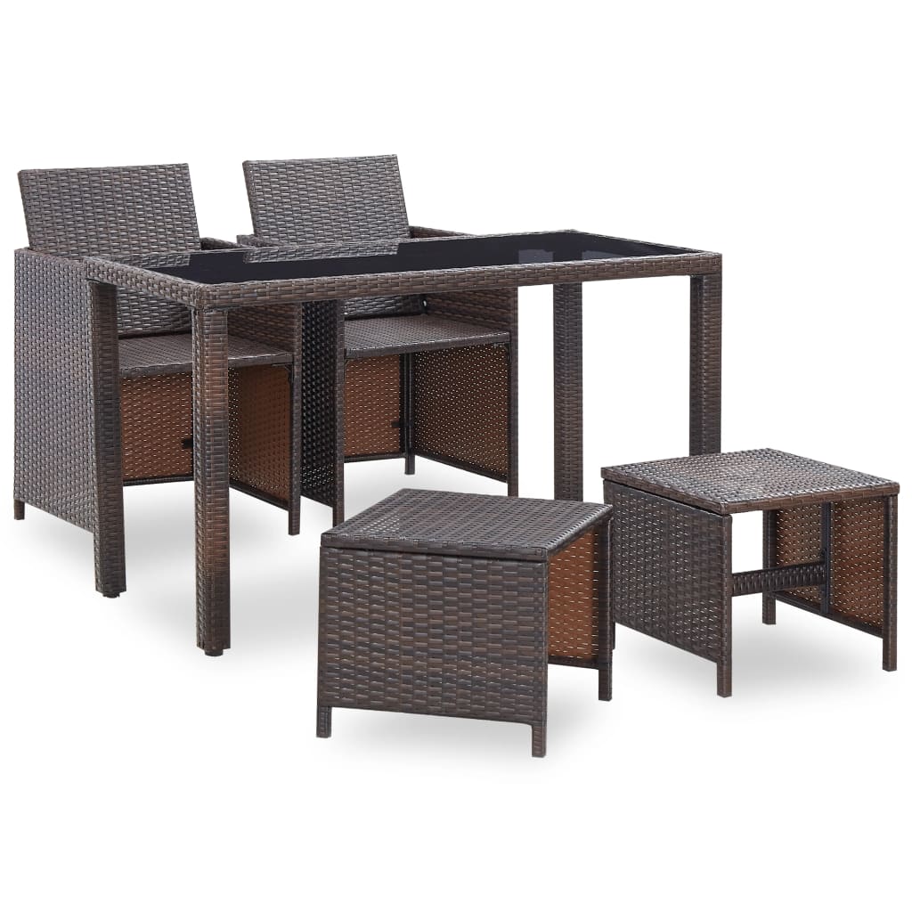 5 Piece Outdoor Dining Set with Cushions Poly Rattan Brown - 123×60×74cm