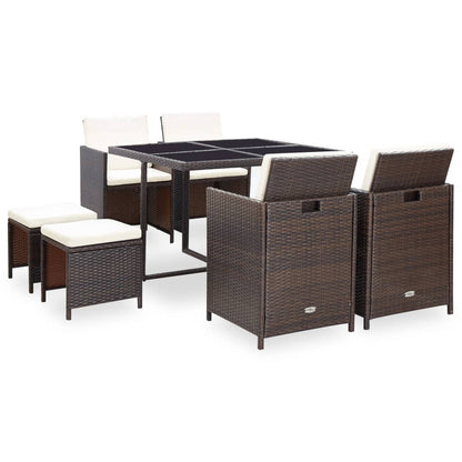9 Piece Outdoor Dining Set with Cushions Poly Rattan Brown - 109×109×74cm