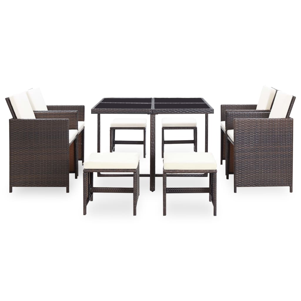 9 Piece Outdoor Dining Set with Cushions Poly Rattan Brown - 109×109×74cm