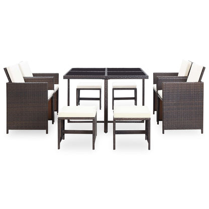 9 Piece Outdoor Dining Set with Cushions Poly Rattan Brown - 109×109×74cm