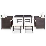 9 Piece Outdoor Dining Set with Cushions Poly Rattan Brown