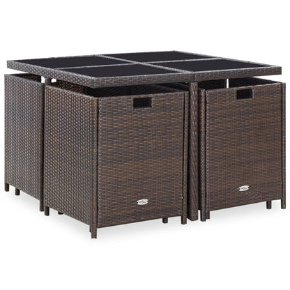 9 Piece Outdoor Dining Set with Cushions Poly Rattan Brown - 109×109×74cm