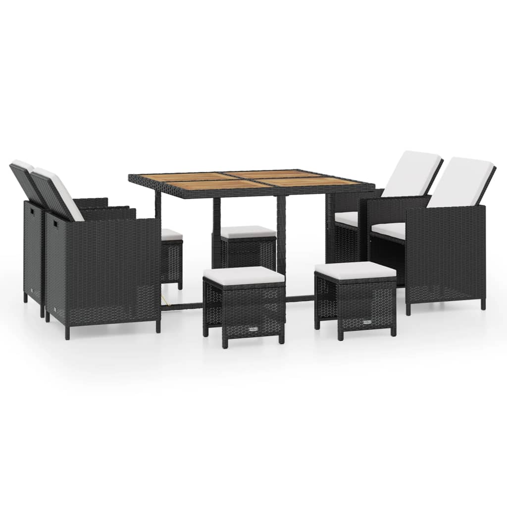 9 Piece Outdoor Dining Set Poly Rattan and Acacia Wood Black - 109×109×74cm