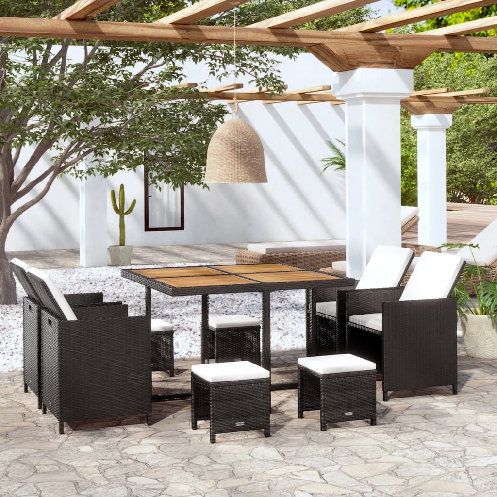 9 Piece Outdoor Dining Set Poly Rattan and Acacia Wood Black - 109×109×74cm
