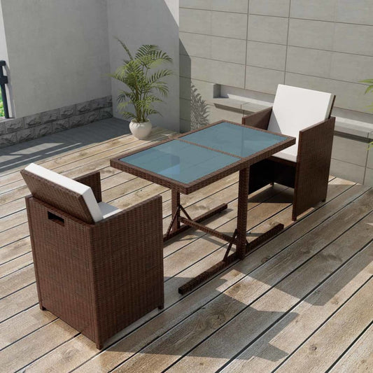 3 Piece Bistro Set with Cushions Poly Rattan Brown - 110×53×72cm