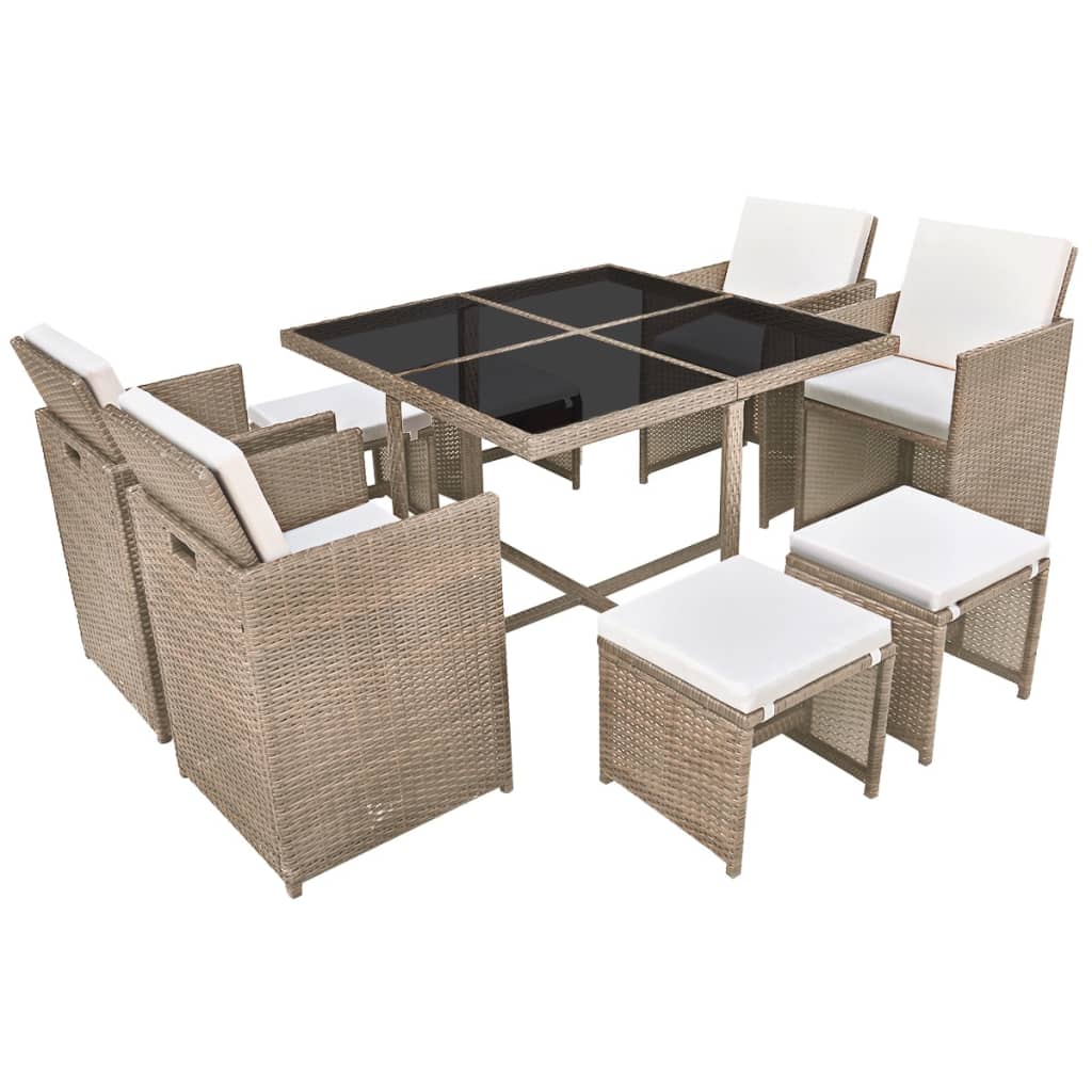 9 Piece Outdoor Dining Set with Cushions Poly Rattan Beige - 109×109×74cm