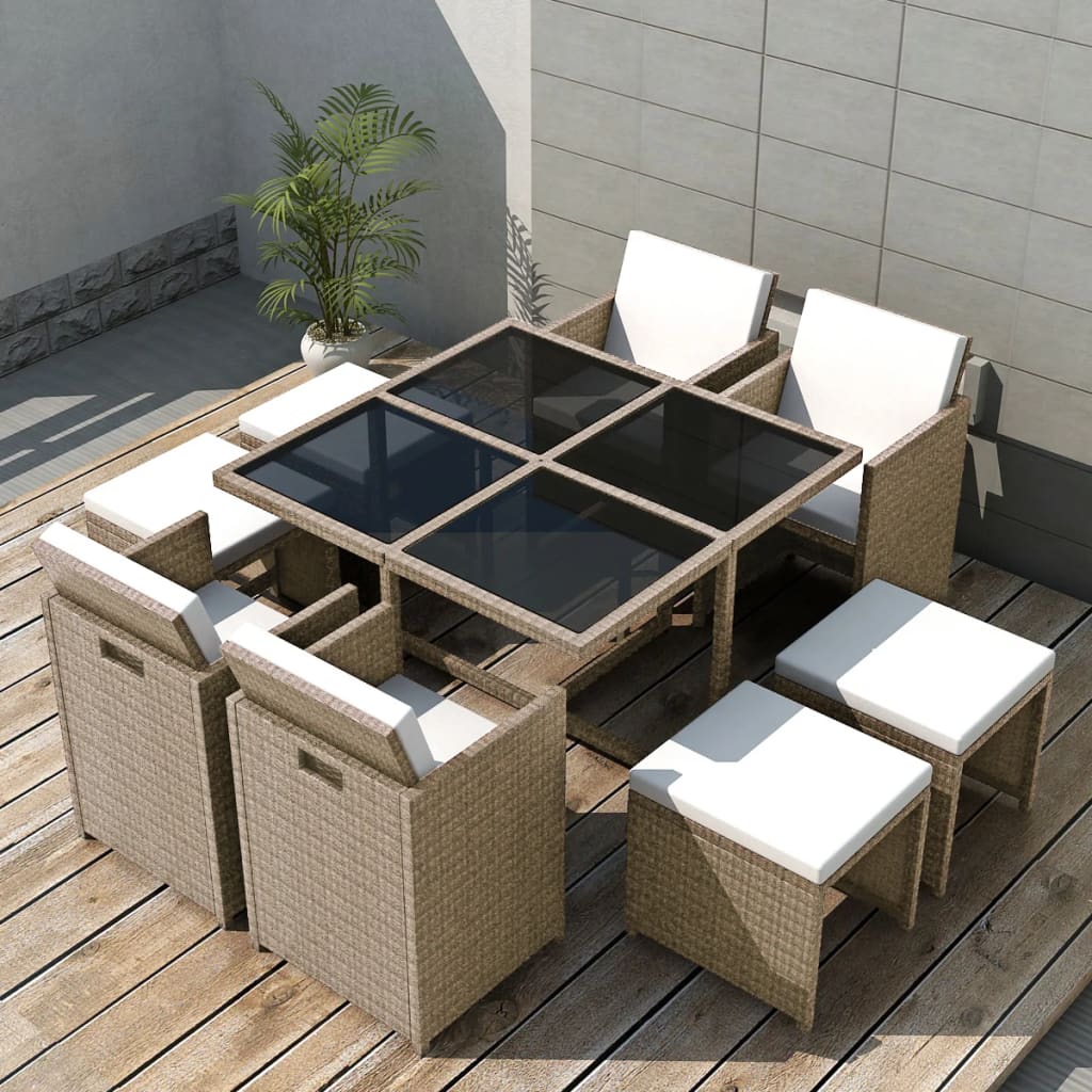 9 Piece Outdoor Dining Set with Cushions Poly Rattan Beige - 109×109×74cm