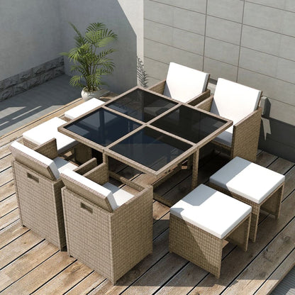 9 Piece Outdoor Dining Set with Cushions Poly Rattan Beige - 109×109×74cm