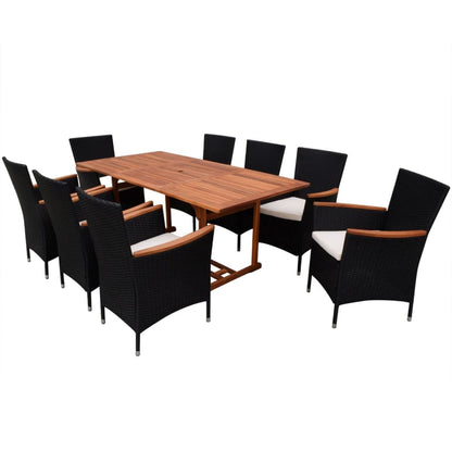 9 Piece Outdoor Dining Set with Cushions Poly Rattan Black - 180×90×74.5cm