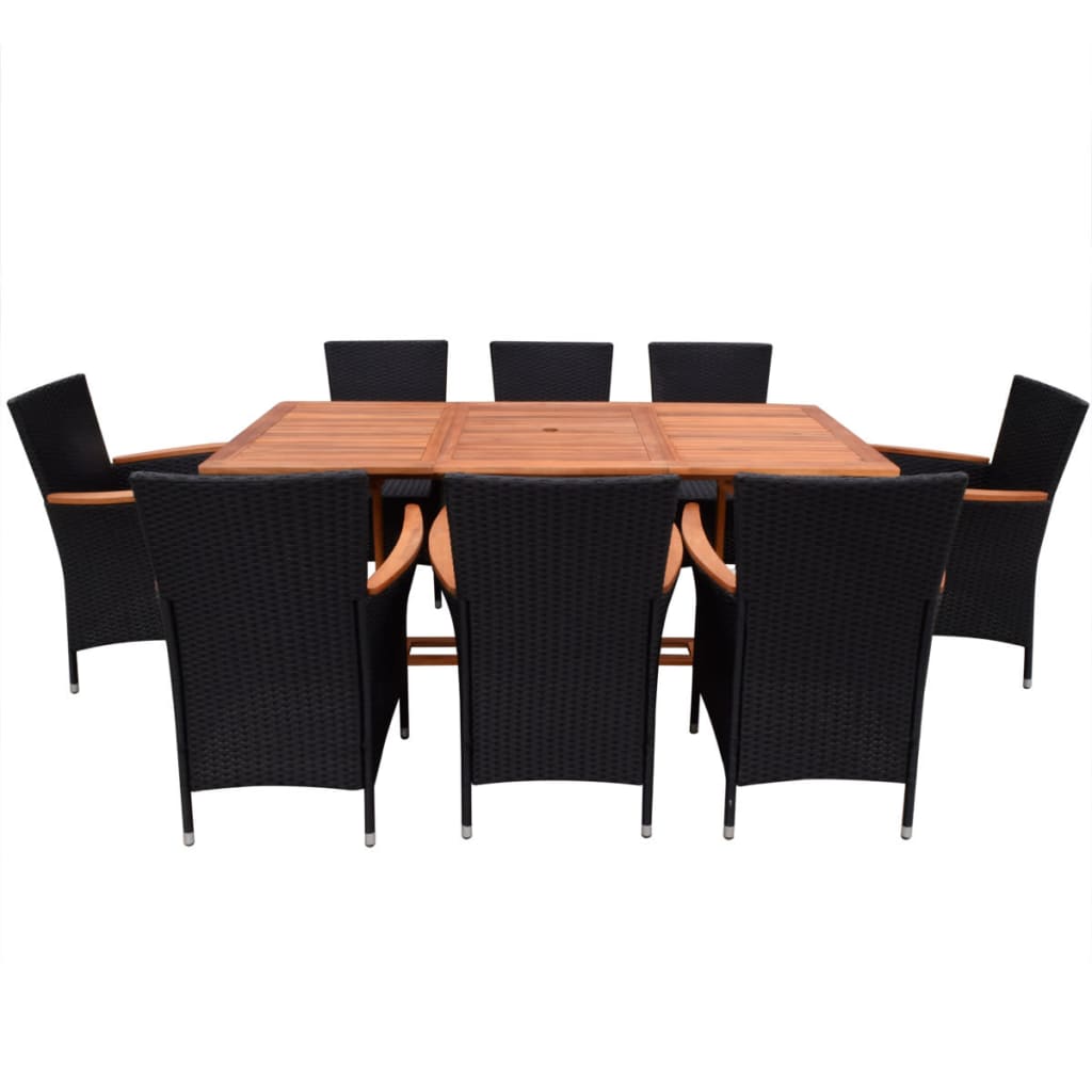 9 Piece Outdoor Dining Set with Cushions Poly Rattan Black - 180×90×74.5cm