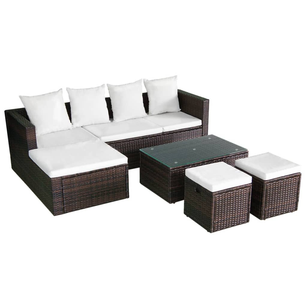 4 Piece Garden Lounge Set with Cushions Poly Rattan Brown - 187×119×58cm