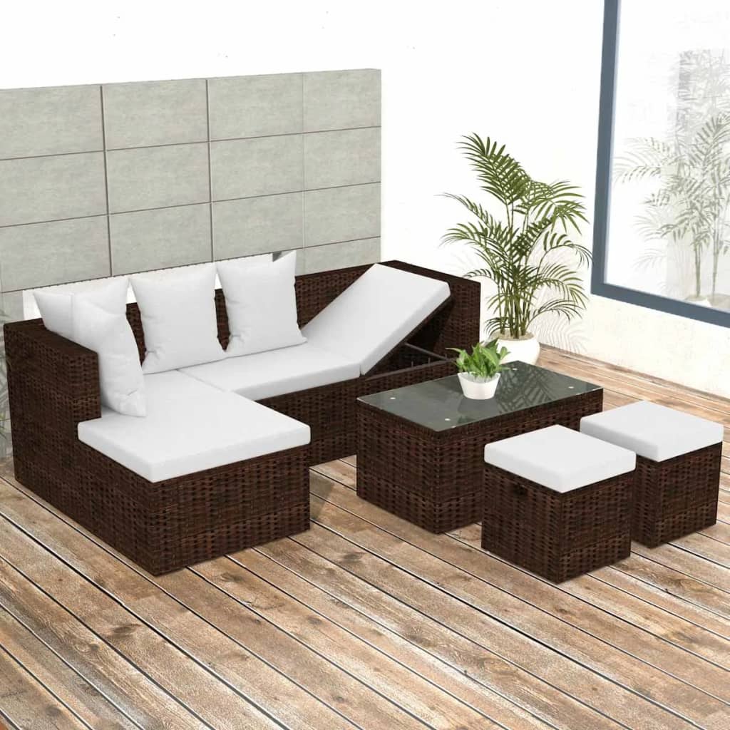 4 Piece Garden Lounge Set with Cushions Poly Rattan Brown - 187×119×58cm