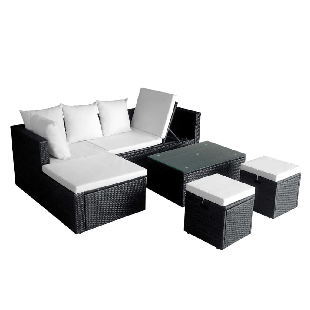 4 Piece Garden Lounge Set with Cushions Poly Rattan Black - 187×119×58cm