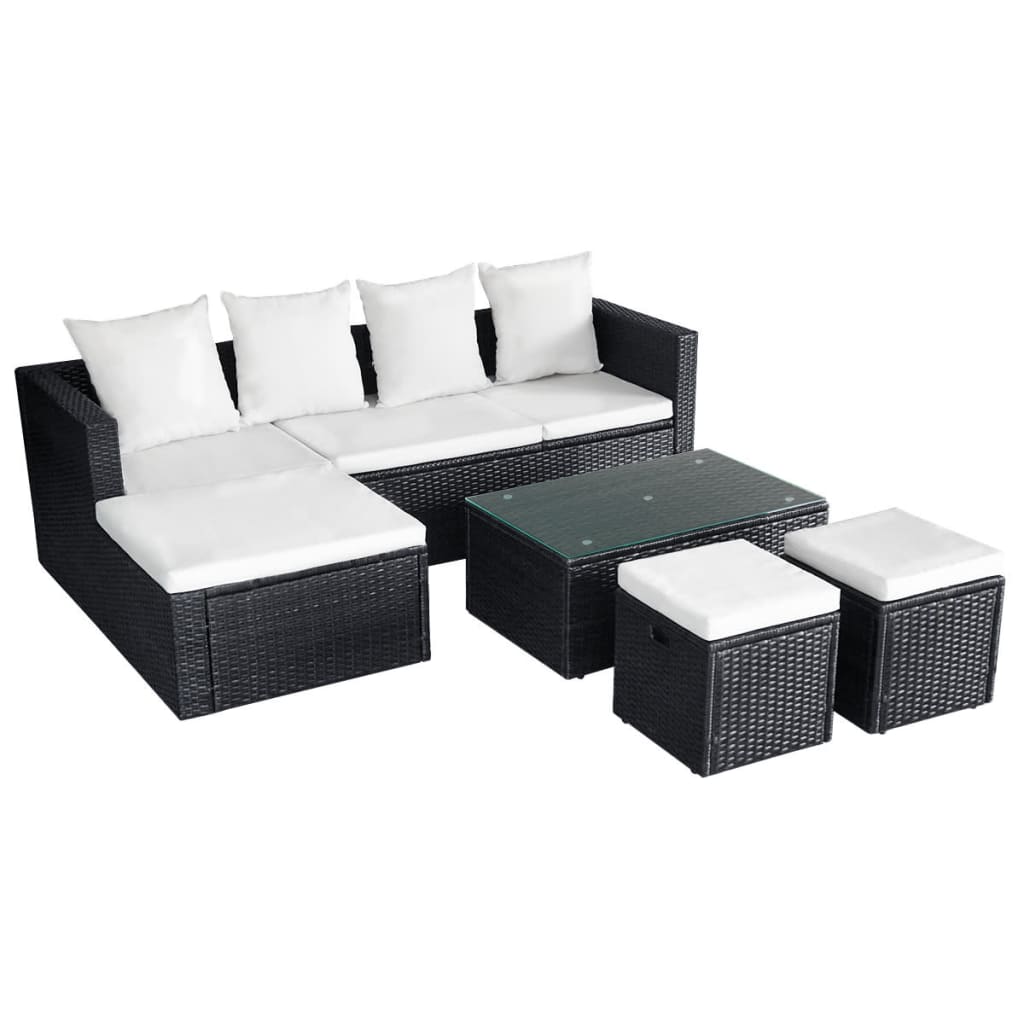 4 Piece Garden Lounge Set with Cushions Poly Rattan Black - 187×119×58cm