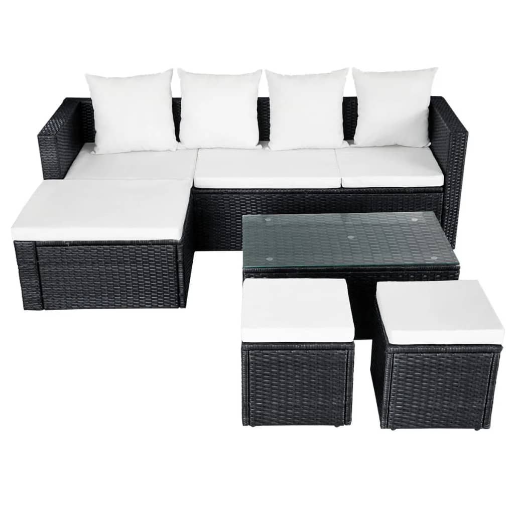 4 Piece Garden Lounge Set with Cushions Poly Rattan Black - 187×119×58cm