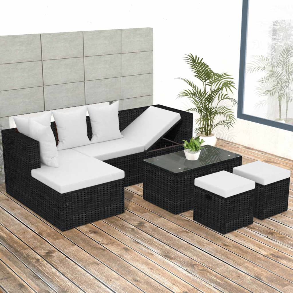 4 Piece Garden Lounge Set with Cushions Poly Rattan Black - 187×119×58cm