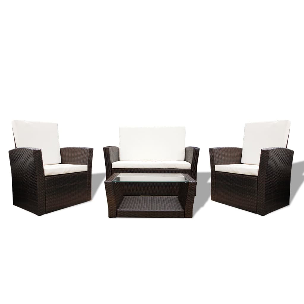 4 Piece Garden lounge set with Cushions Poly Rattan Brown - 85×49.5×35cm