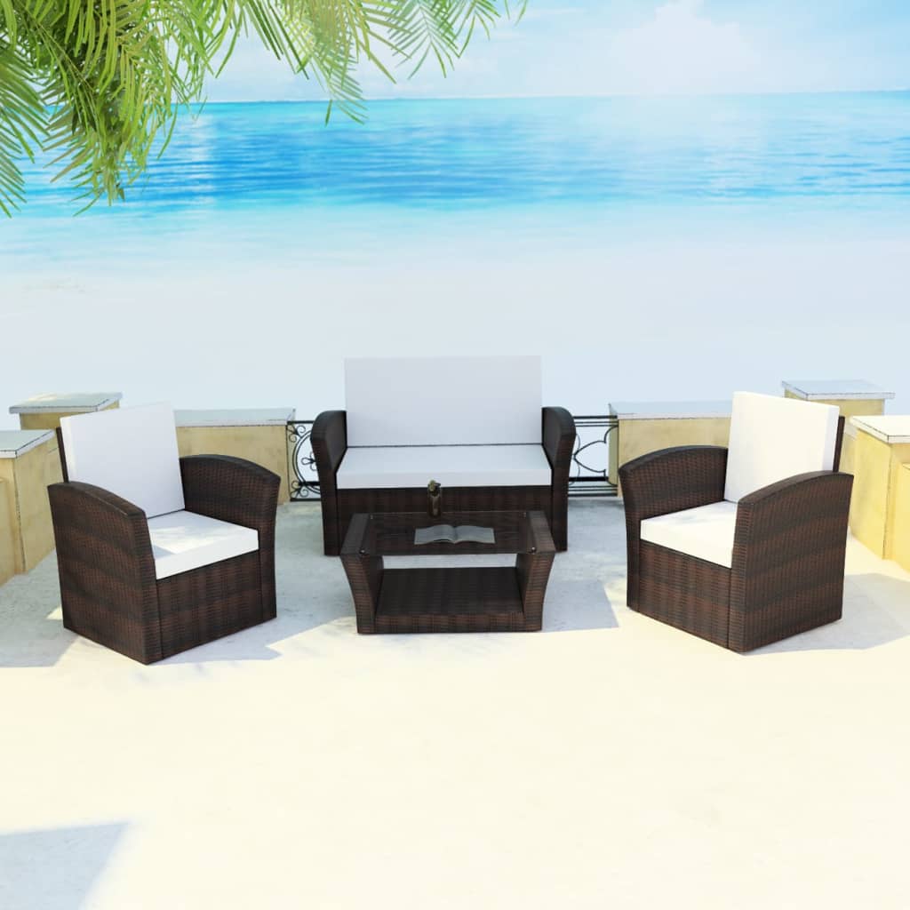 4 Piece Garden lounge set with Cushions Poly Rattan Brown - 85×49.5×35cm