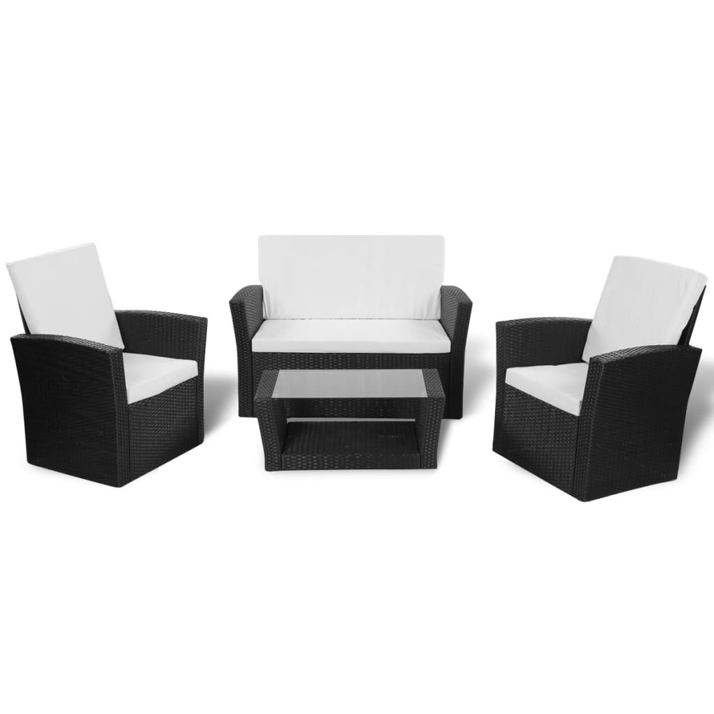 4 Piece Garden lounge set with Cushions Poly Rattan Black - 85×49.5×35cm