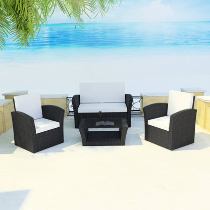 4 Piece Garden lounge set with Cushions Poly Rattan Black - 85×49.5×35cm