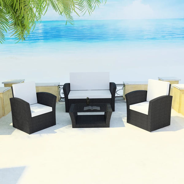  4 Piece Garden lounge set with Cushions Poly Rattan Black