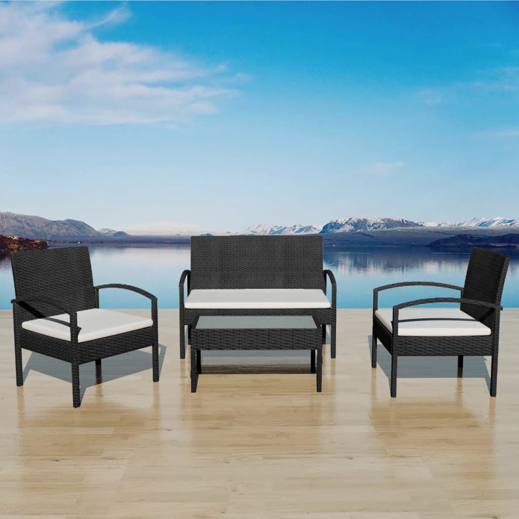 4 Piece Garden Lounge Set with Cushions Poly Rattan Black - 106×59×73cm