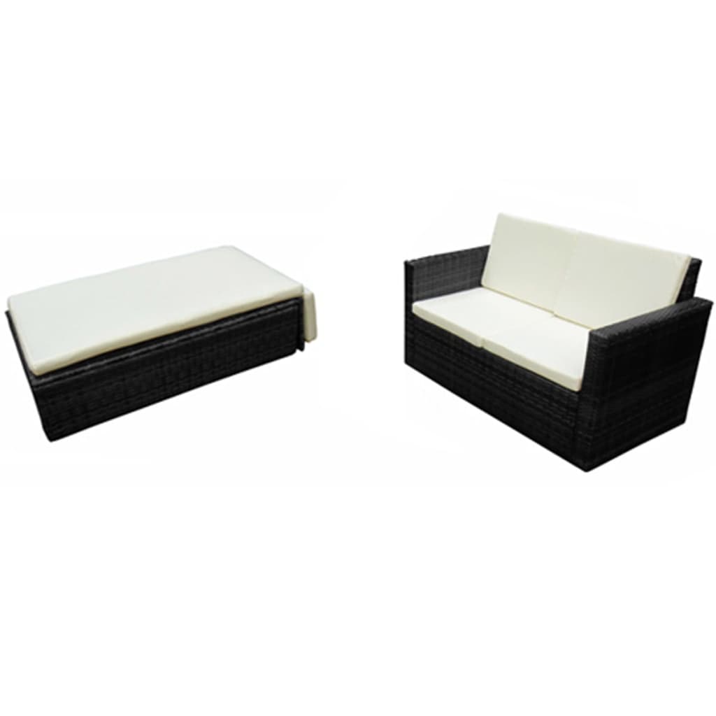 2 Piece Garden Lounge Set with Cushions Poly Rattan Black - 133×56×30cm