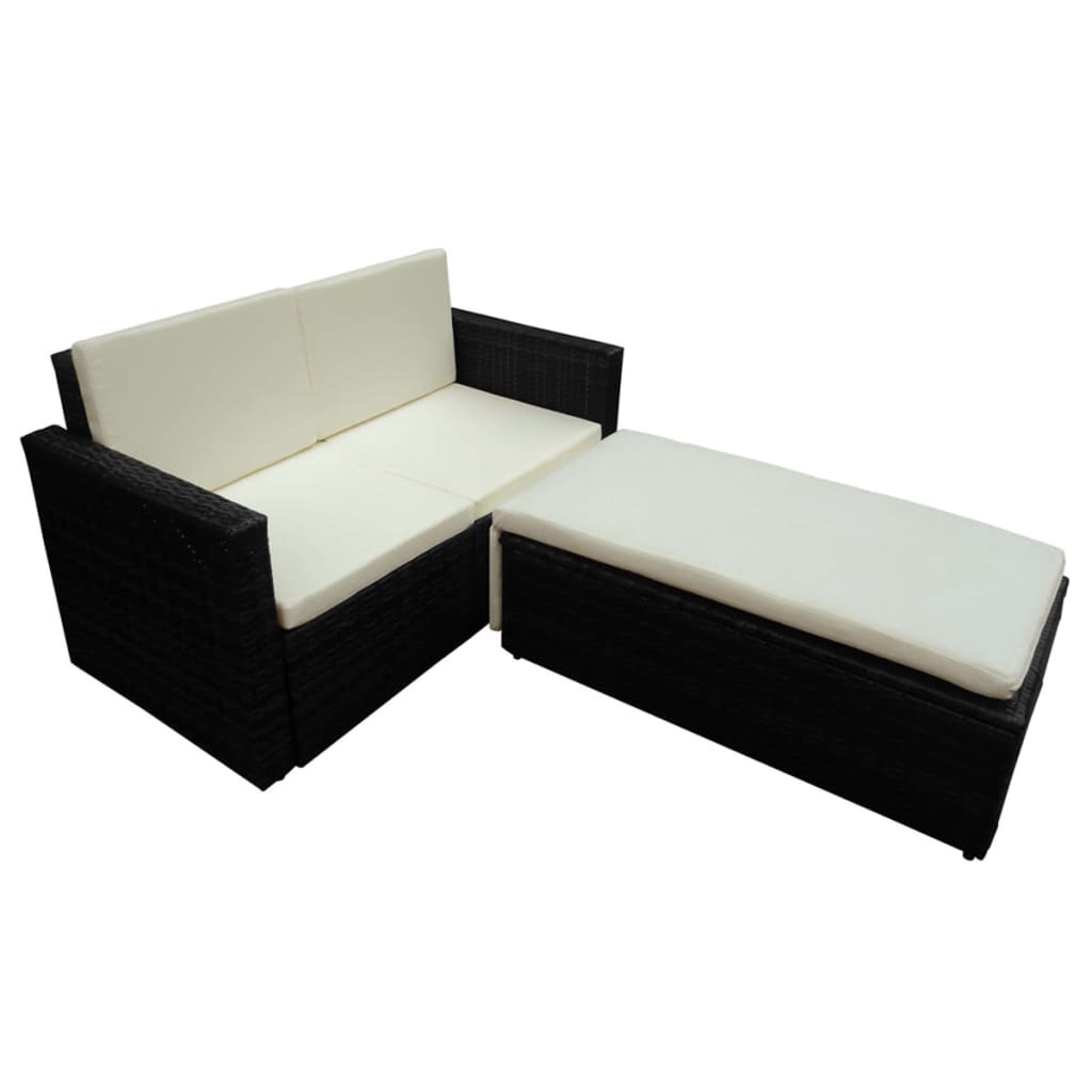 2 Piece Garden Lounge Set with Cushions Poly Rattan Black - 133×56×30cm