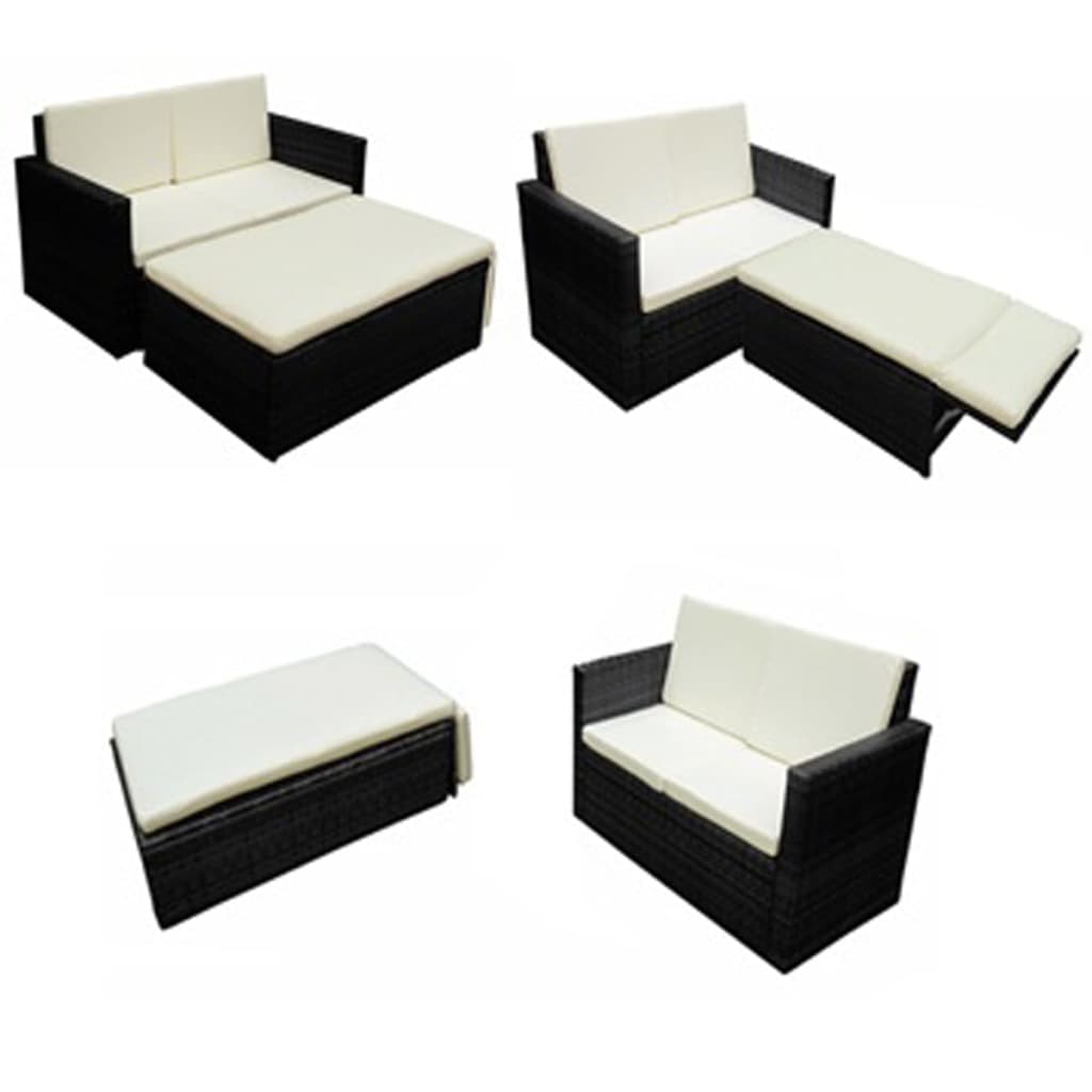 2 Piece Garden Lounge Set with Cushions Poly Rattan Black - 133×56×30cm