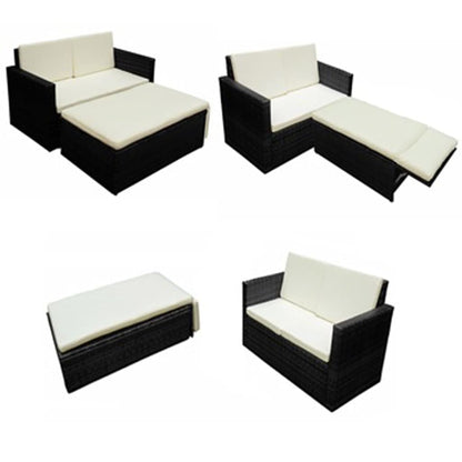 2 Piece Garden Lounge Set with Cushions Poly Rattan Black - 133×56×30cm